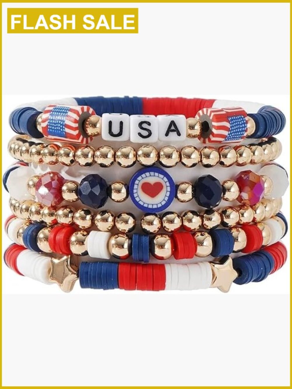 Heishi Clay Bead Stretch Bracelets Set of 6 Patriotic Star Tassel Bangle